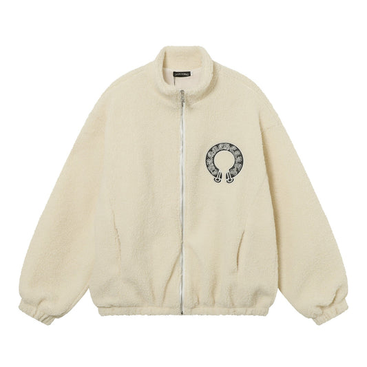 Chrome Hearts Horseshoe Embroidered Sherpa Jacket - Black Cream Gothic Coat 825